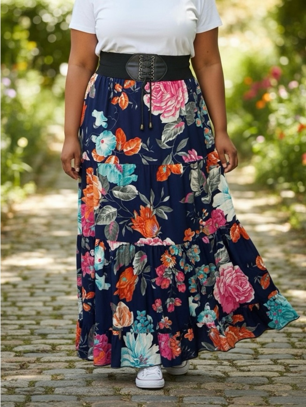 ME 2 Magic Plus size 3X Navy Floral Tiered Maxi Skirt Black Lace-Up Waistband